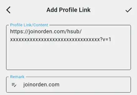 Экран Add Profile Link в Karing: галочка подтверждения в правом верхнем углу